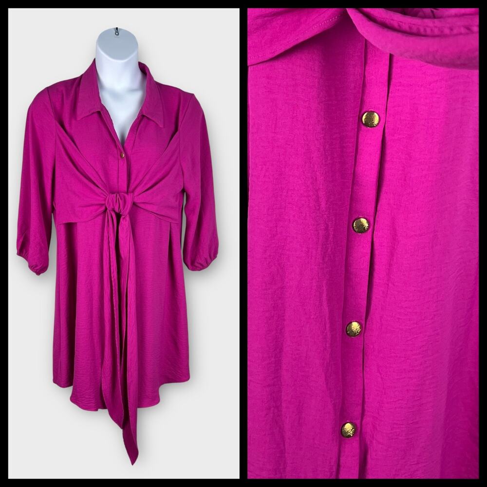 Verxy Tie Front Shirt Dress Barbiecore Boho Minimalist‎ Pink Polyester 3X